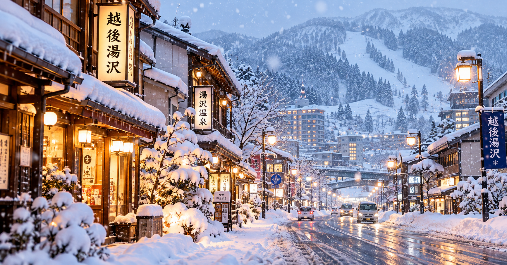 Tuyết rơi trên đường phố ở Yuzawa, tỉnh Niigata, Nhật Bản